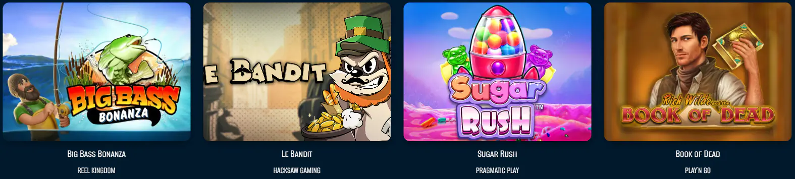 Een collage van vier promotieafbeeldingen voor populaire online gokkasten. Van links naar rechts: Big Bass Bonanza – een levendige scène met een visser en een grote groene vis die uit het water springt; Le Bandit – een cartoonachtige bandiet met een groene hoed die een zak met gouden munten vasthoudt tegen de achtergrond van een steegje; Sugar Rush – een rijke, zoete compositie met een gigantische kauwgomautomaat en een veelheid aan kleurrijke snoepjes; Book of Dead – een avonturier-ontdekkingsreiziger die een gloeiend oud boek vasthoudt tegen de achtergrond van een Egyptische tempel. Alle vier de banners zijn ontworpen in de kenmerkende stijl van de respectievelijke ontwikkelaars en vertegenwoordigen populaire gokkasten met verschillende thema's.