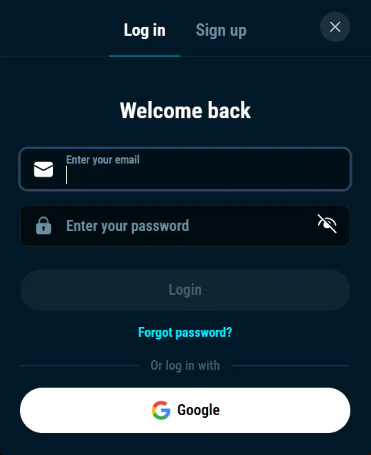 Een modaal autorisatievenster op de casinopagina: de tabbladen 'Inloggen' en 'Registreren' bovenaan, de kop 'Welkom terug', een e-mailinvoerveld met een enveloppictogram, een wachtwoordinvoerveld met een slotpictogram en een knop om het wachtwoord te verbergen, een 'Inloggen'-knop, een link 'Wachtwoord vergeten' en een knop 'Inloggen via Google' onderaan het venster.